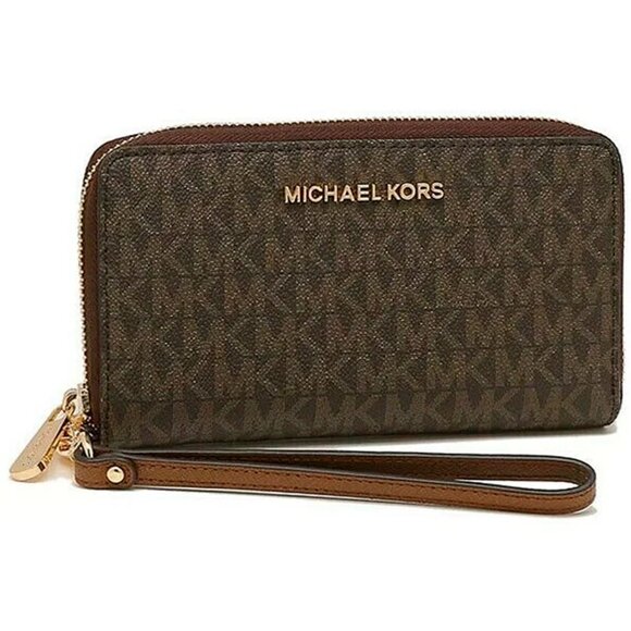 S Michael Kors Jet Set Travel Signature Phone Wallet Wristlet Brown 35F8GTVW9B - Picture 1 of 9